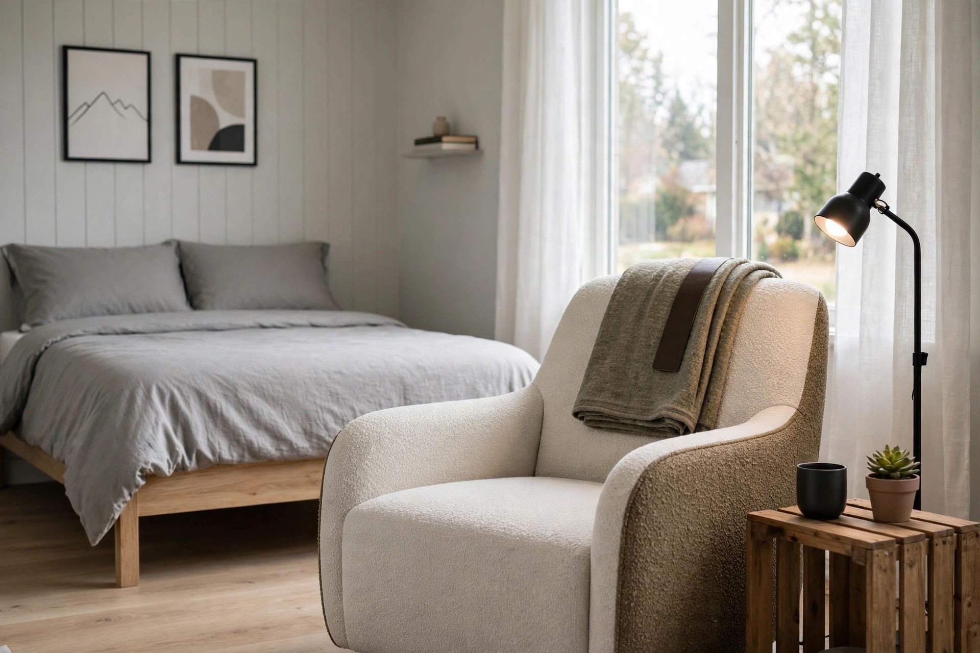 Cream lounge chair with a floor lamp and a wooden crate side table by the window