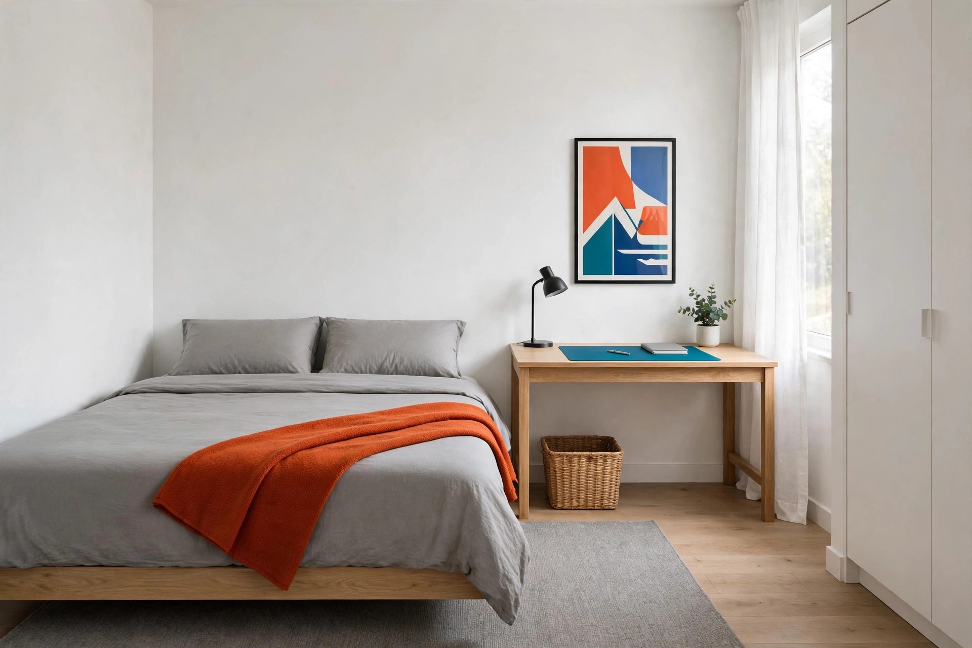Neutral gray bedroom with color only in an orange throw, a poster and a desk mat