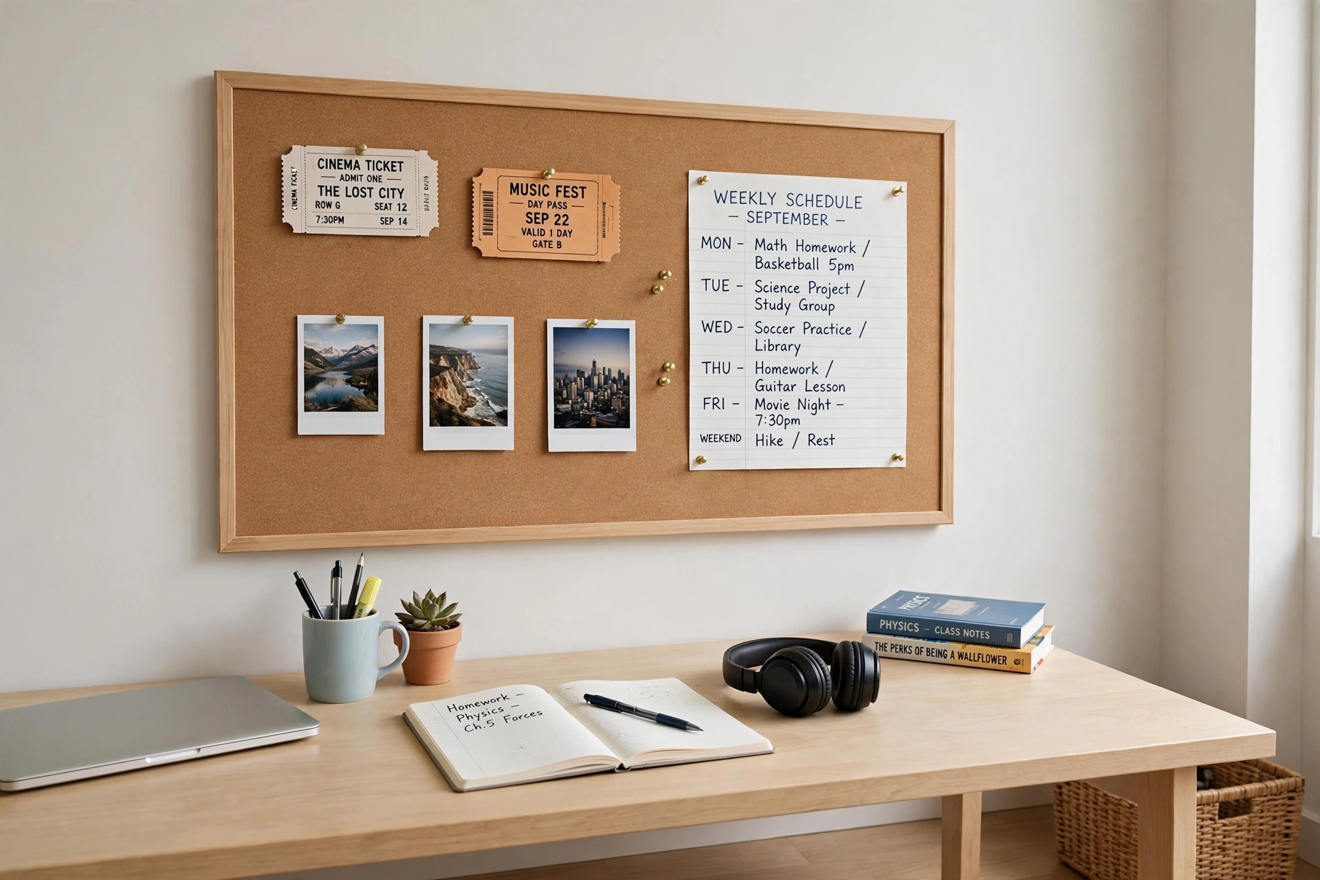 Cork pinboard with tickets, photos and a weekly schedule above a homework desk