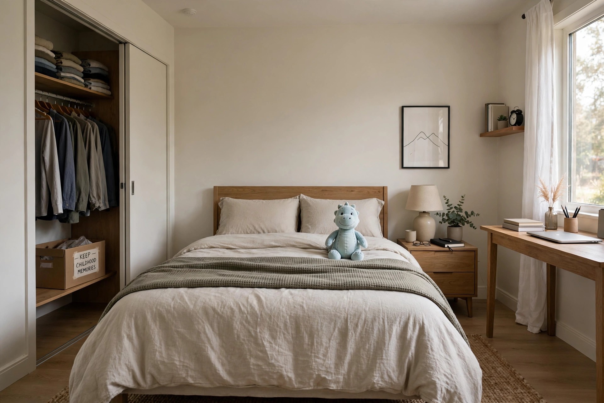 Grown up teen bedroom with one plush dinosaur kept on the bed and a memory box in the closet