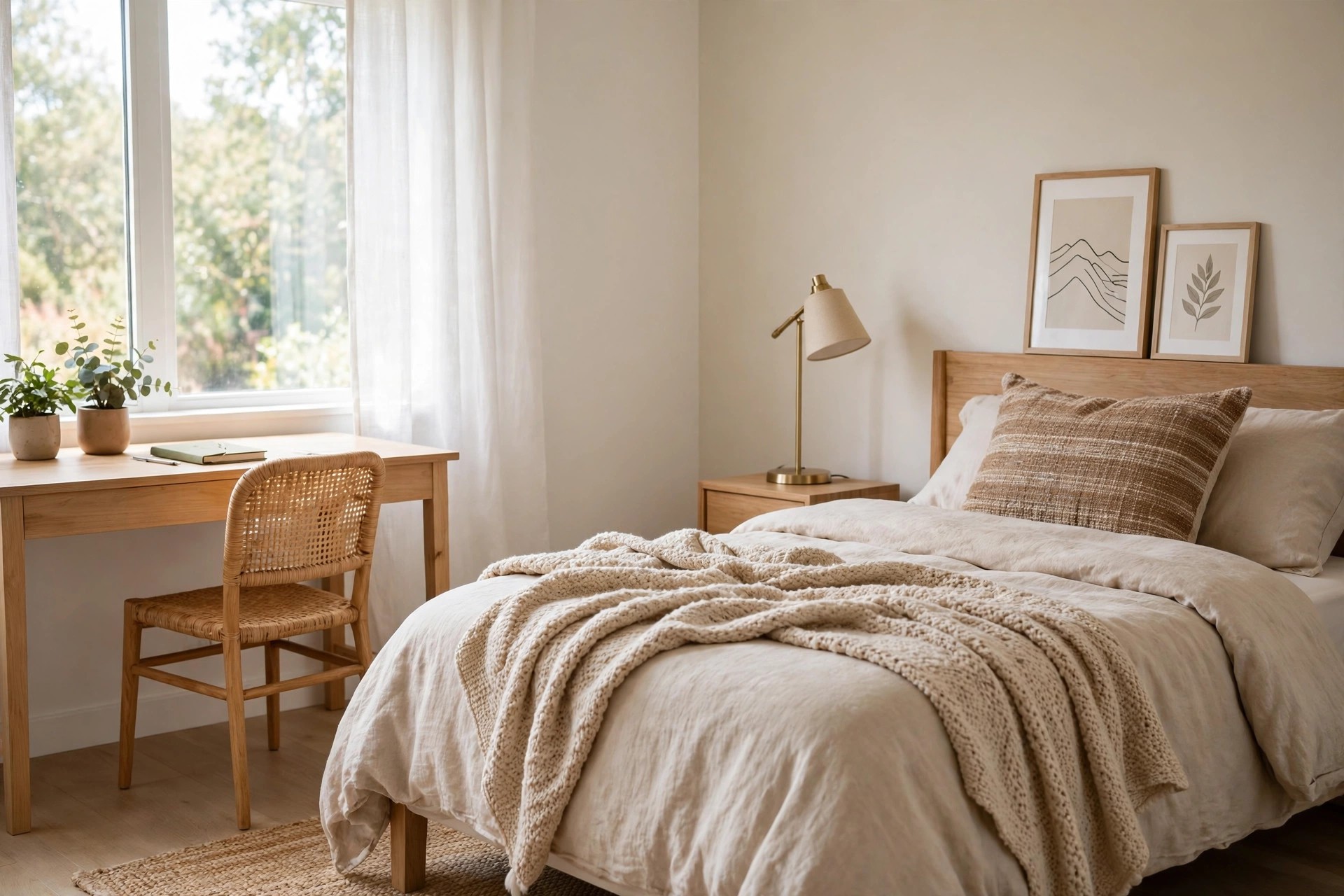 A bed with a knitted throw and a desk by the window with plants, styled with borrowed and swapped pieces.