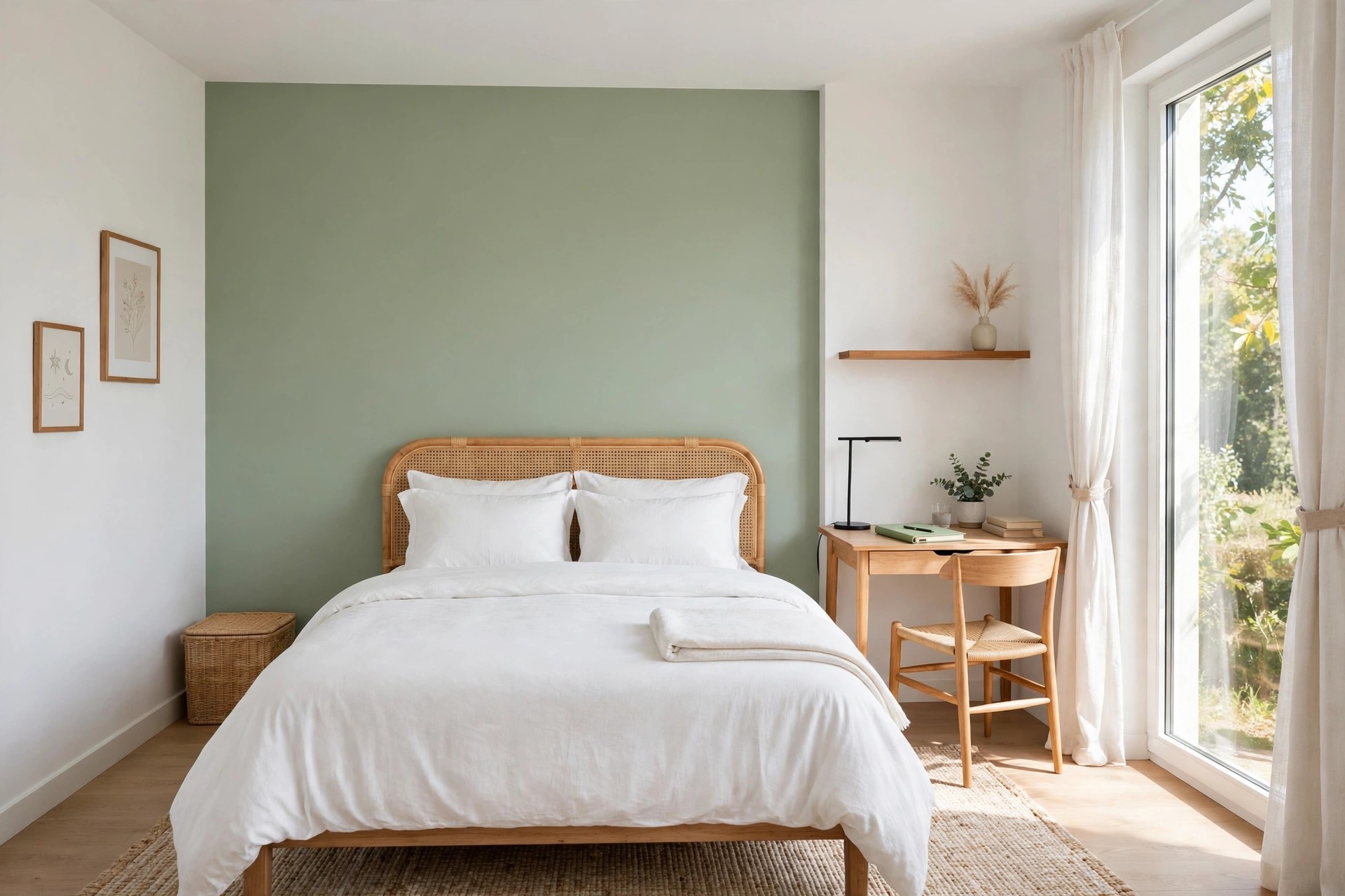 One sage-green painted wall behind a bed with a rattan headboard.
