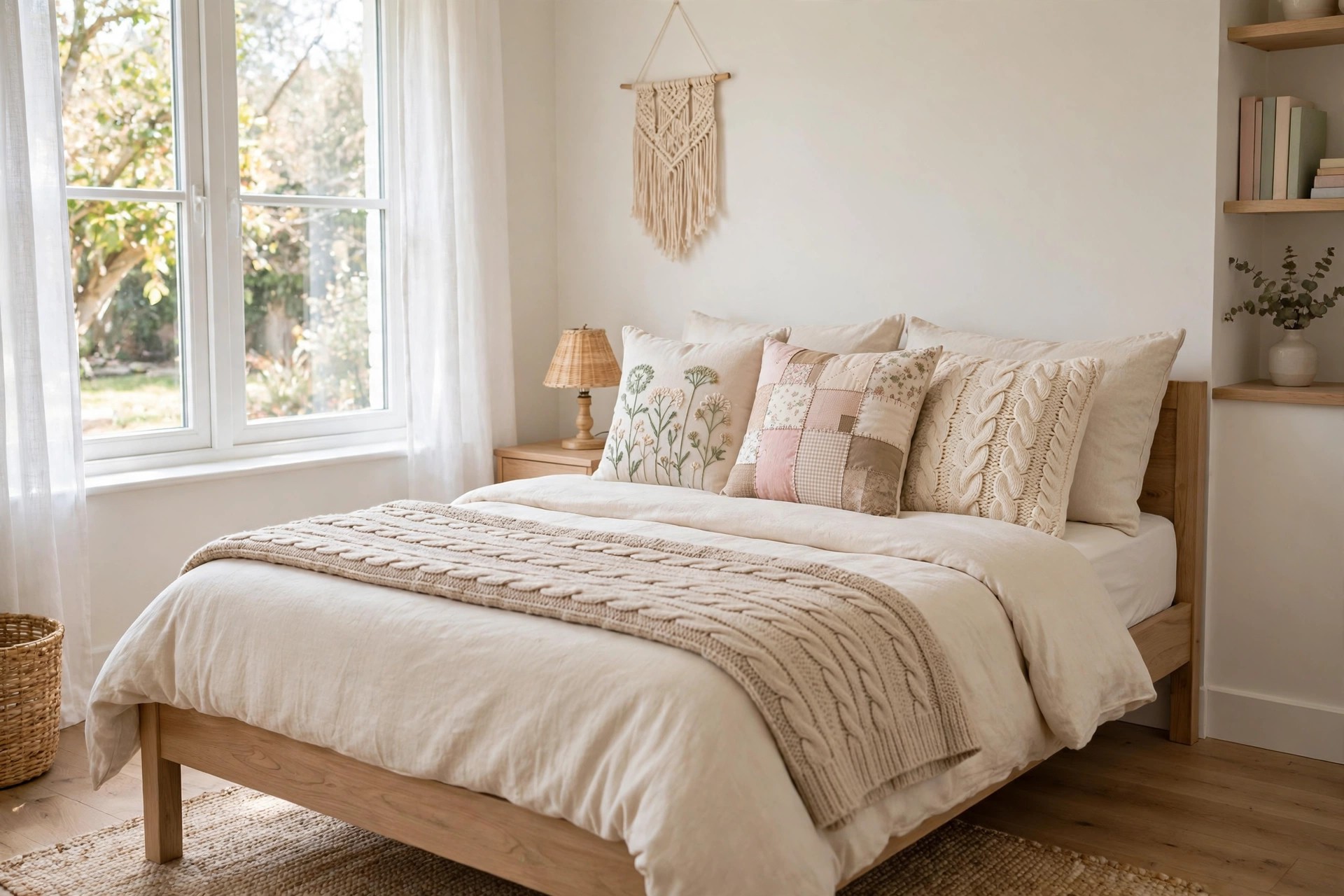 Patchwork, embroidered and knitted cushion covers on a bed.