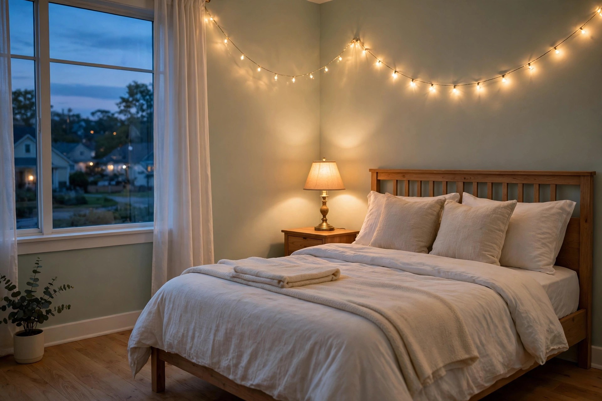 An evening bedroom with warm string lights and a table lamp.