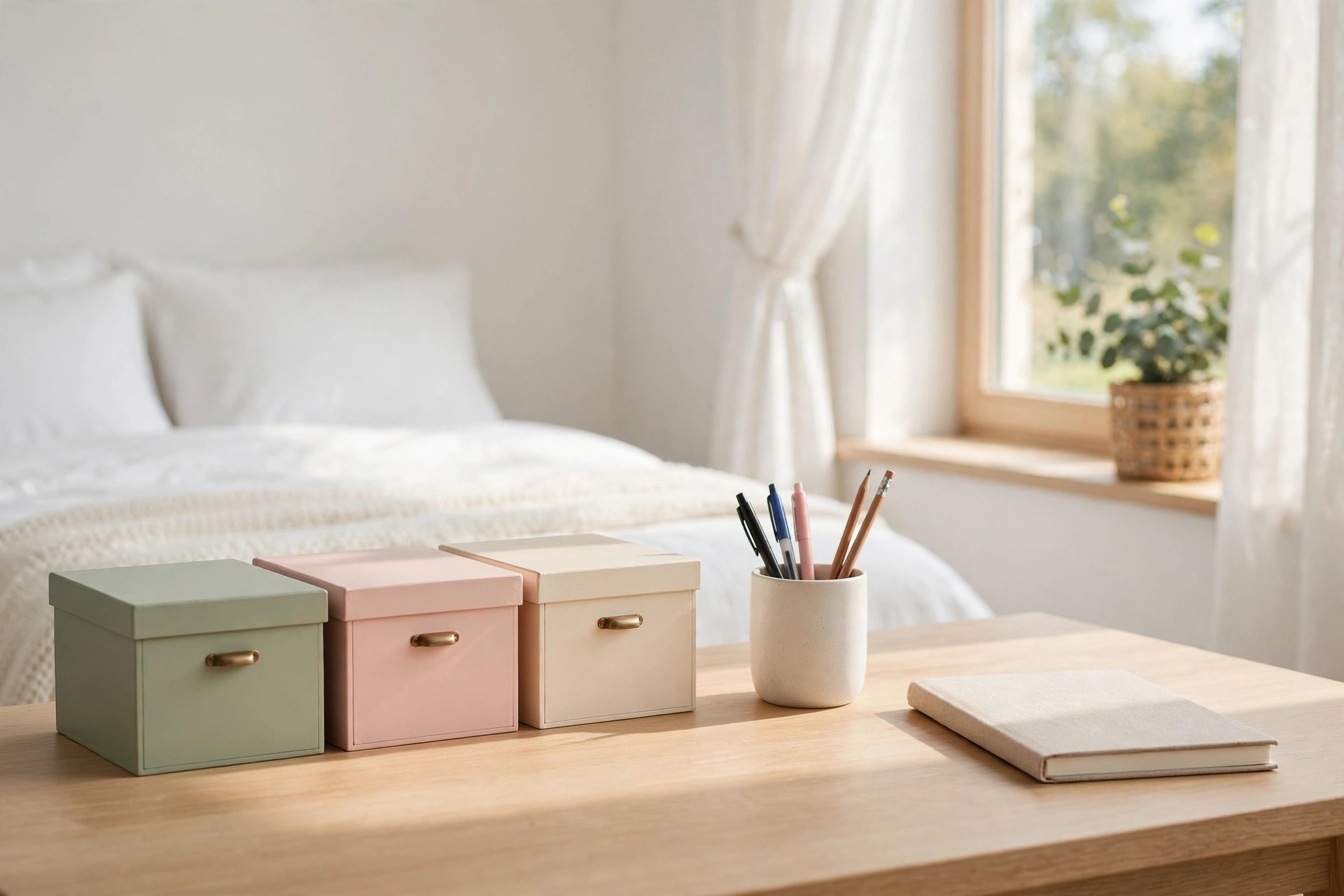 Desk close-up with three pastel storage boxes, a pen pot and a notebook.