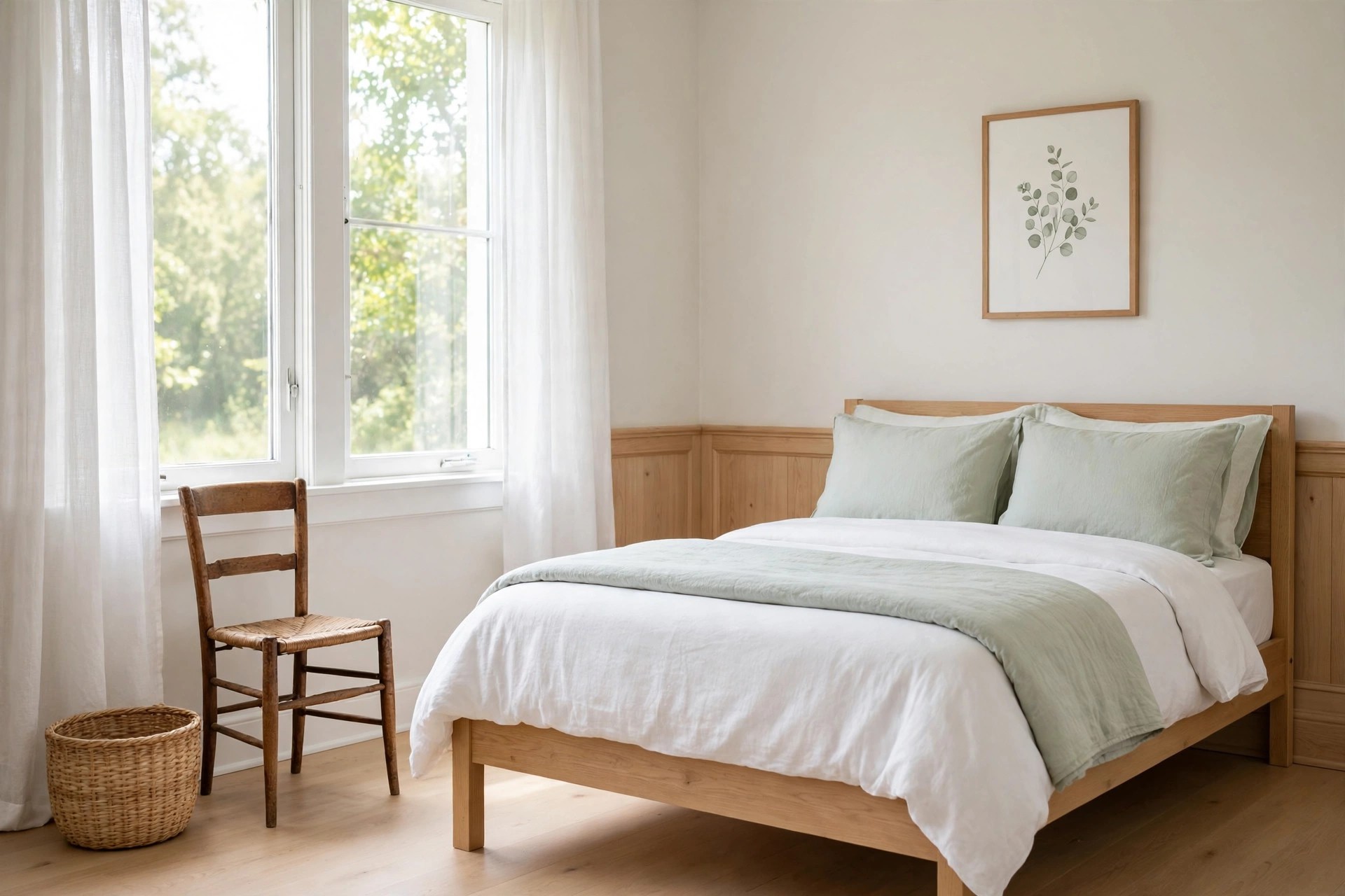 A plain wood chair and a woven basket beside a bed, secondhand-style finds.
