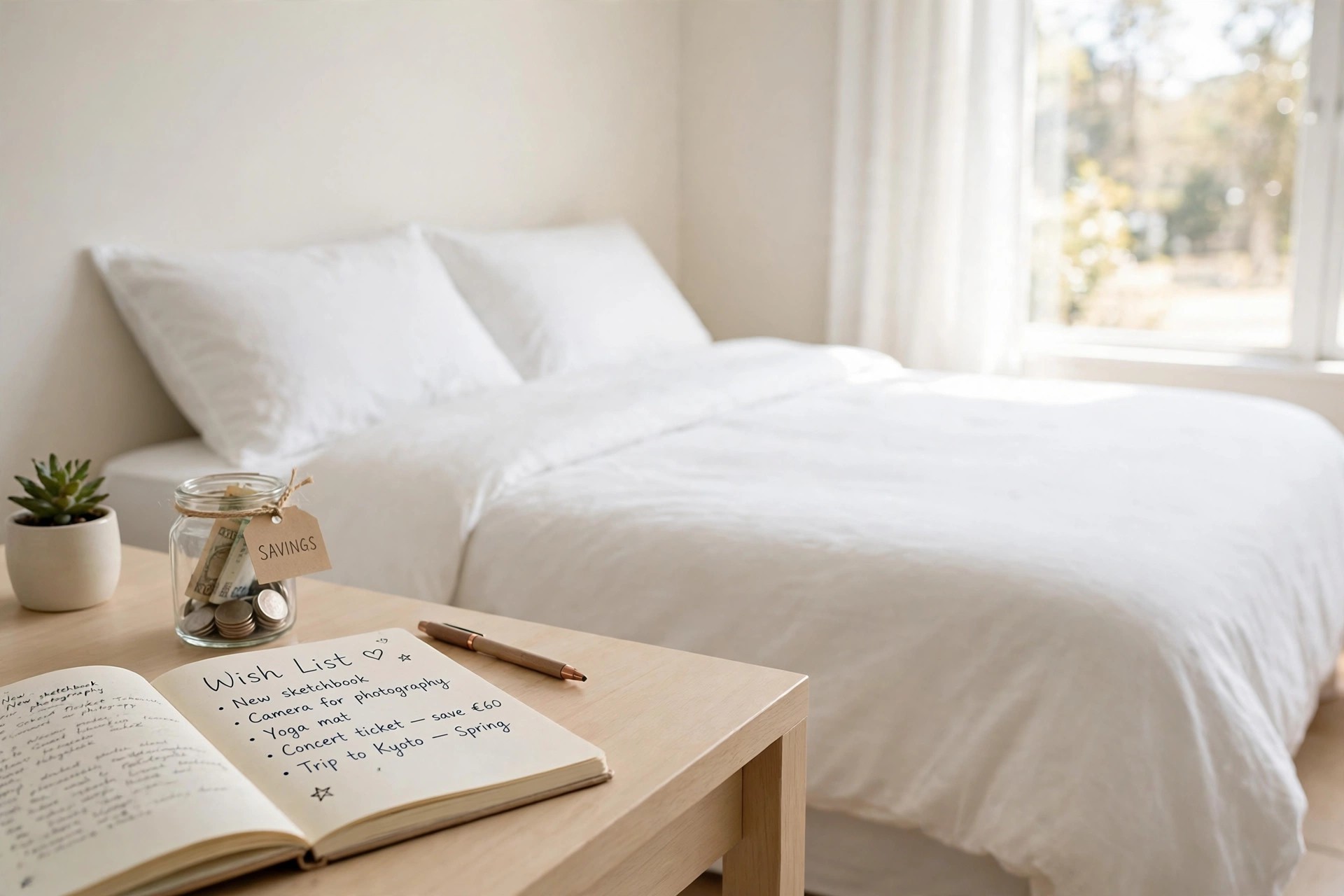 An open notebook with a handwritten wish list beside a glass savings jar holding coins.