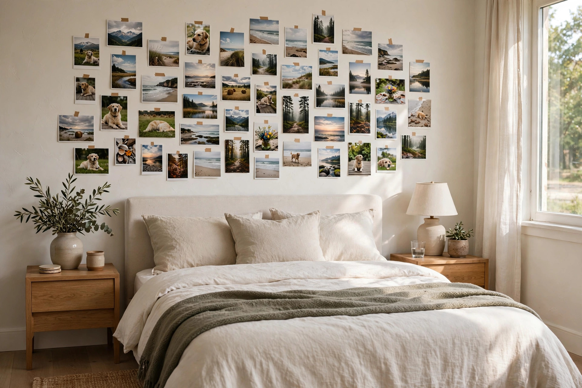 Loose grid of small landscape and dog photos fixed above a neatly made bed