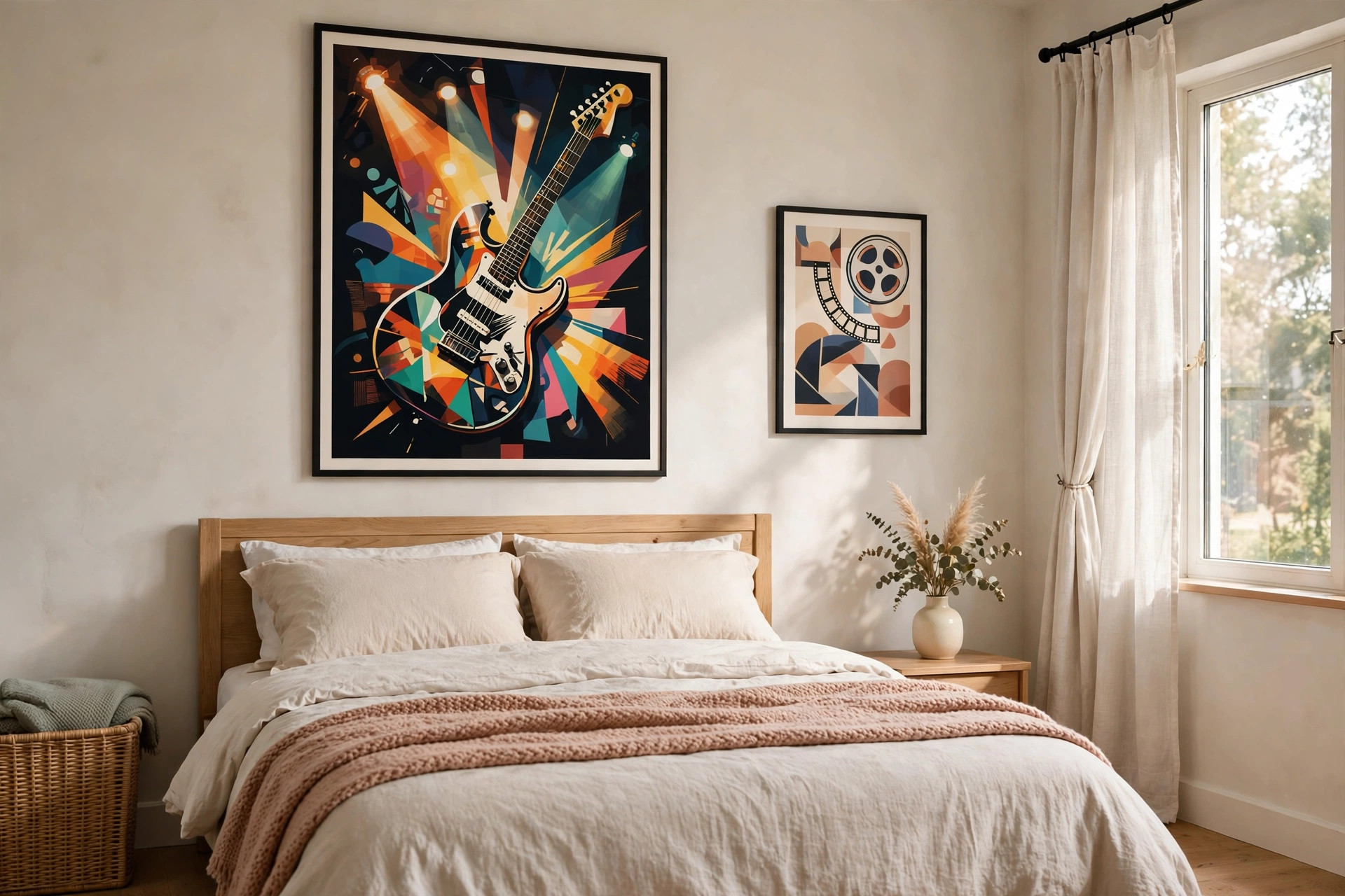 Framed electric guitar concert style poster and a smaller film reel print above a bed