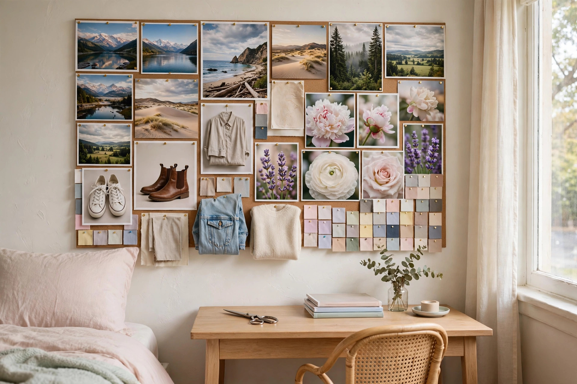Mood board with travel photos, flower pictures, clothing photos and pastel fabric swatches above a desk