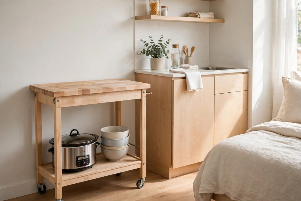 Slim wooden rolling cart with a butcher-block top parked beside a studio kitchenette, slow cooker and mixing bowls on its lower shelf