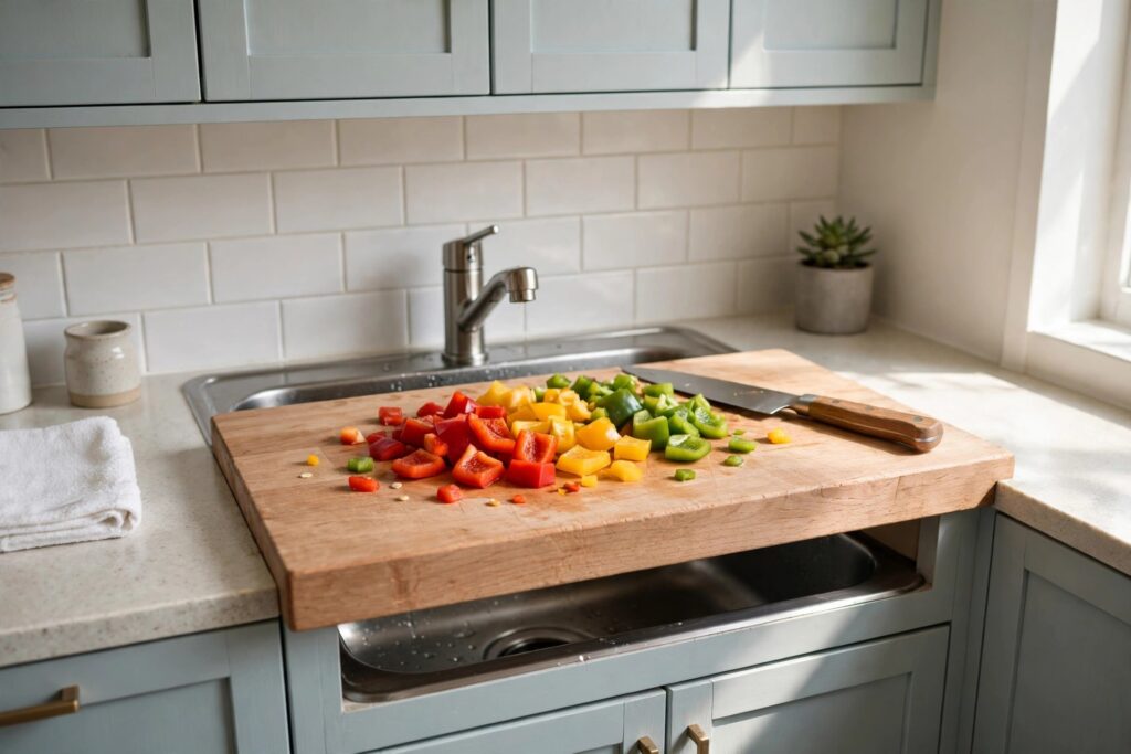 Thick wooden cutting board resting over the sink of a small kitchen, covered with chopped peppers and a knife