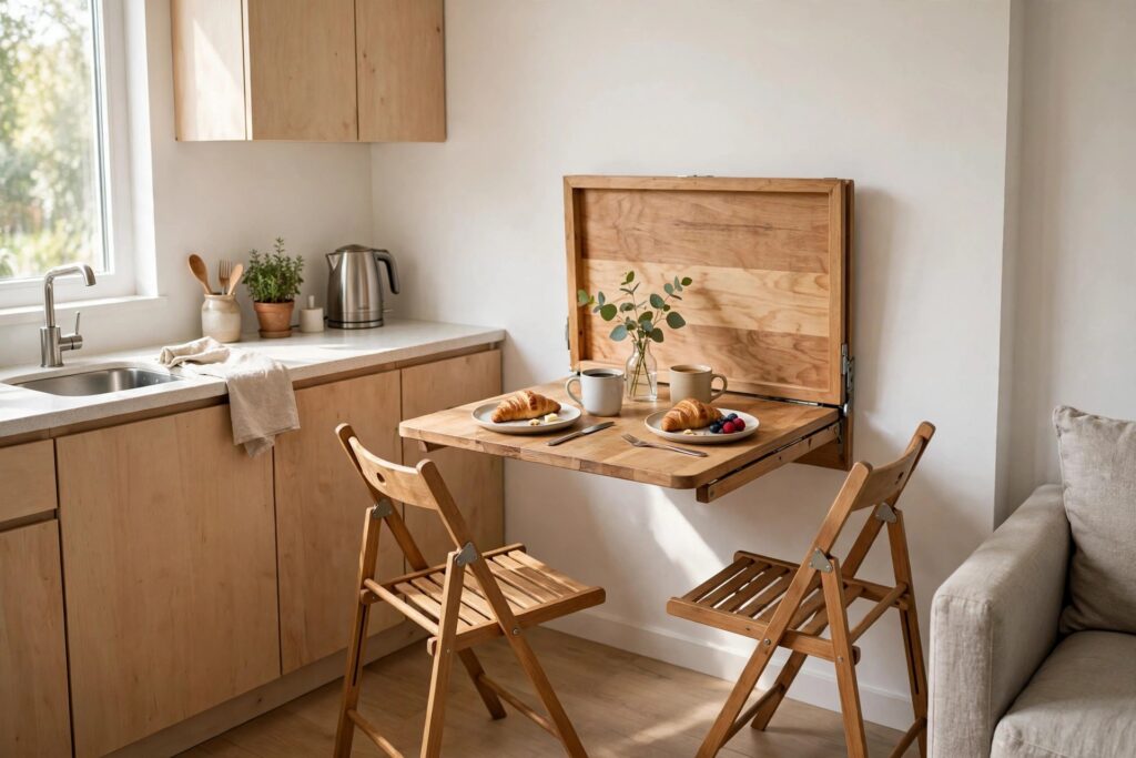 Wall-mounted fold-down wooden table set for breakfast with two folding chairs beside a studio kitchenette