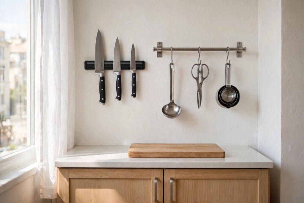 Magnetic knife strip and a rail with a ladle, scissors and measuring cups on the wall above a clear kitchen counter
