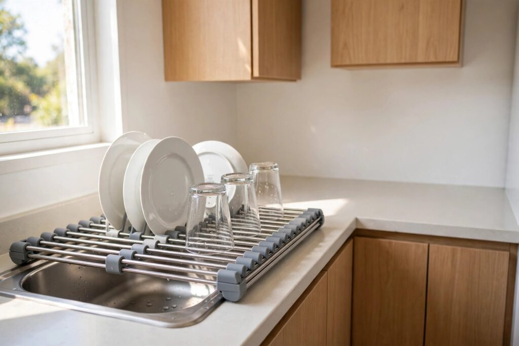 Roll-up dish drying rack unrolled over a small sink with plates and glasses drying on it