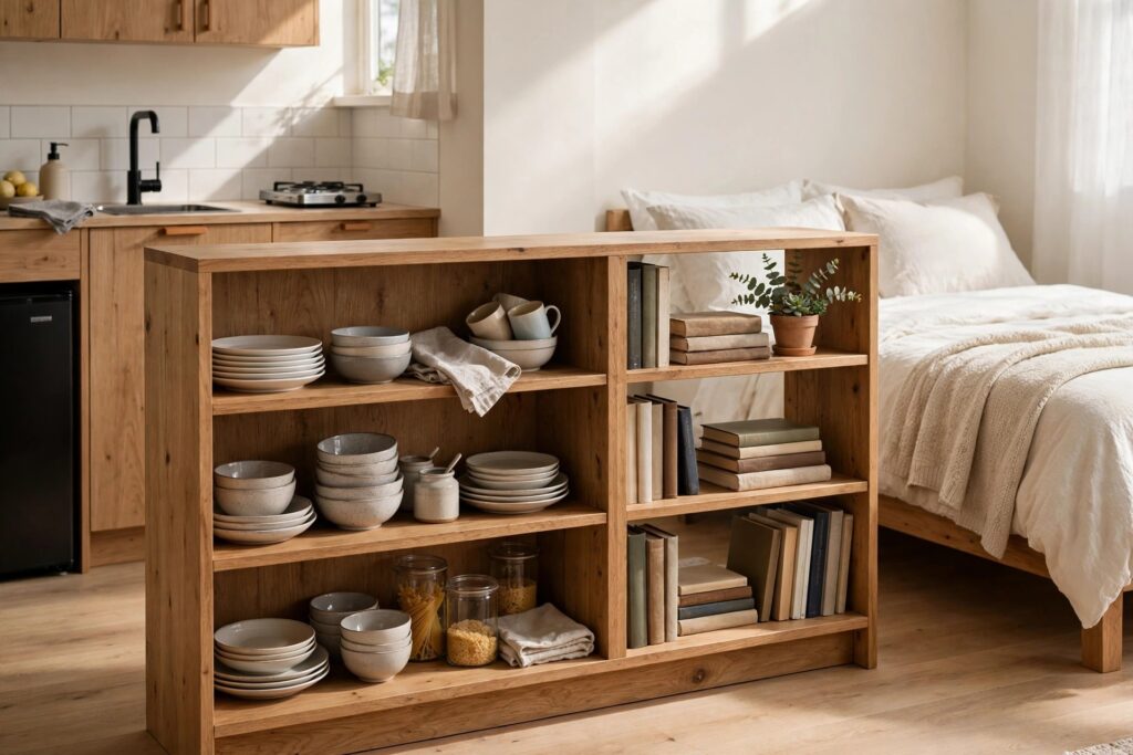 Low open wooden bookcase dividing a studio, dishes and jars on the kitchen side and books with a plant on the other