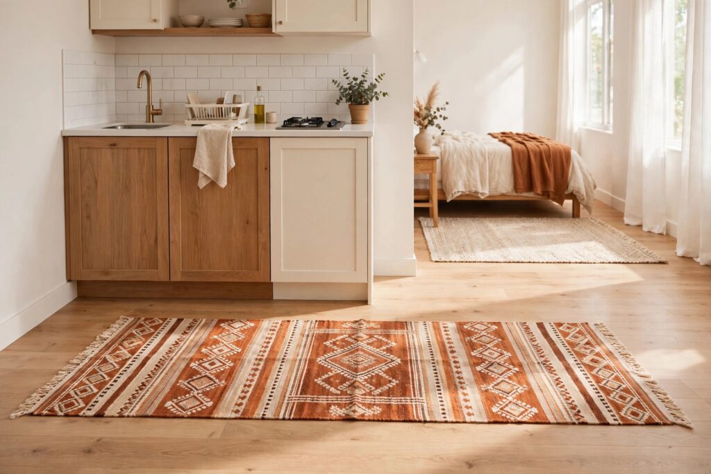 Rust and cream patterned runner rug on the floor in front of a studio kitchenette, with the bed area beyond it