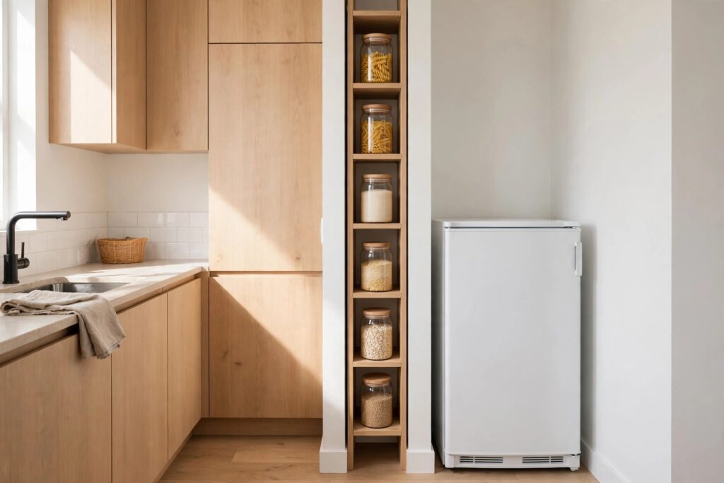 Tall narrow shelving tower with glass jars of pasta and grains in single rows beside a compact white fridge