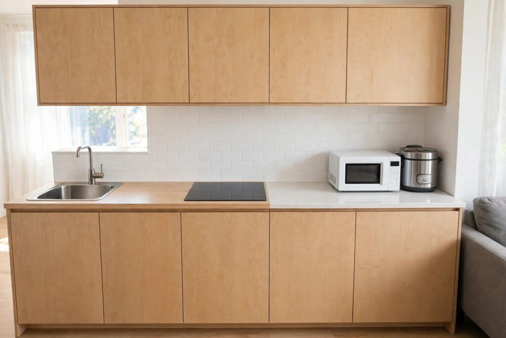 Straight run of a tiny kitchenette with a sink, two-burner induction cooktop, compact microwave and one multi-cooker
