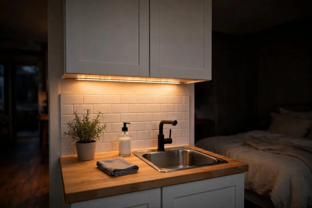 Warm LED light strip glowing under the upper cabinets of a small kitchenette at night, a bed softly visible behind