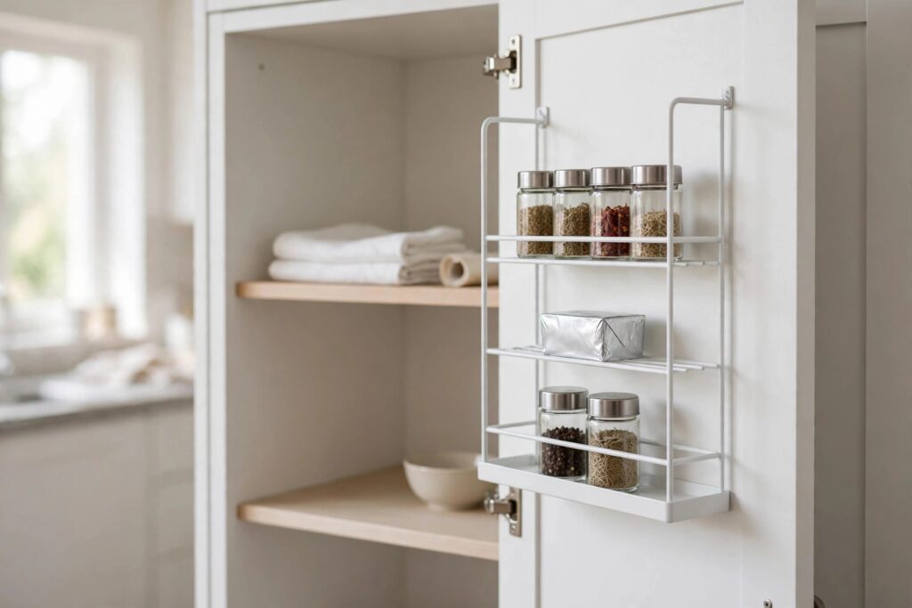White rack fitted inside a cabinet door holding spice jars and a foil box, with tidy shelves behind it