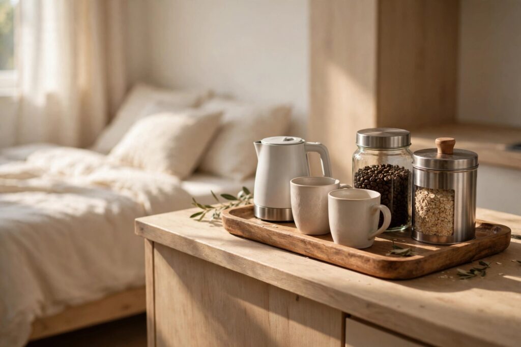 Wooden tray on a studio kitchen counter holding a kettle, two mugs, a coffee jar and an oats canister, bed in the background