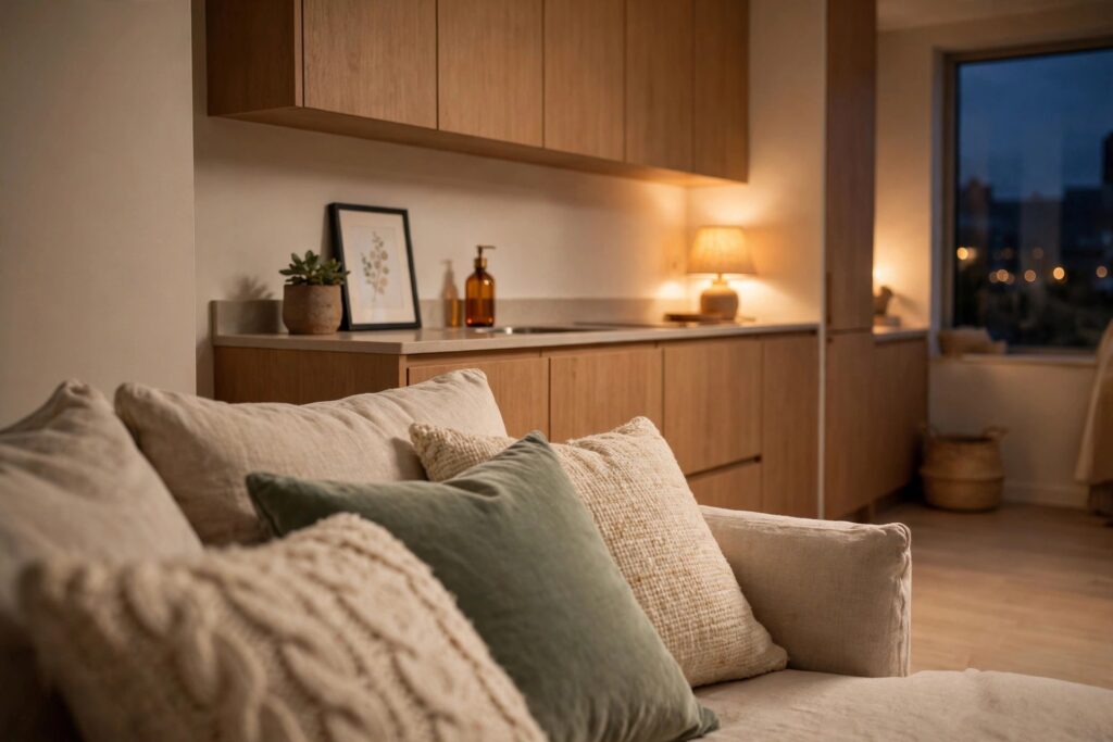 Studio kitchenette with closed cabinets at night, a plant, framed print and lamp on the counter, sofa in the foreground