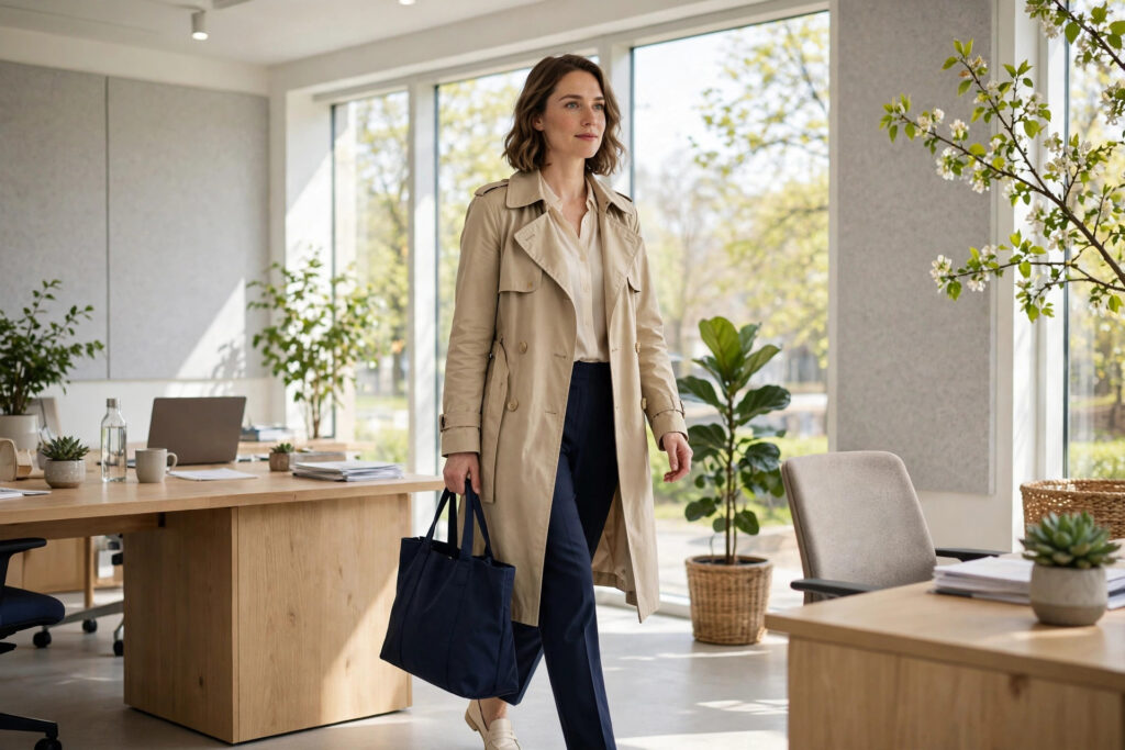 Woman in a beige trench coat, cream blouse and navy trousers with cream loafers and a navy tote