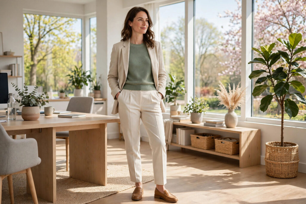 Woman in a sage green knit top and cream trousers with a light beige blazer and tan loafers