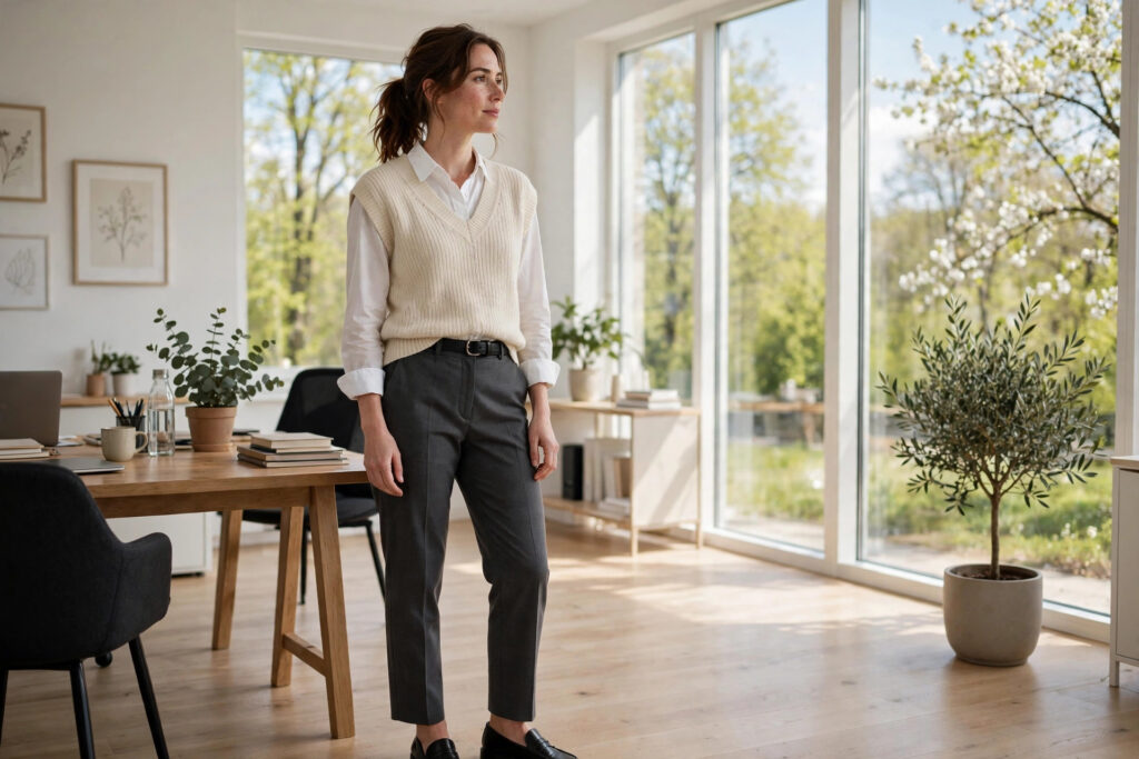 Woman in a cream sweater vest over a white shirt with charcoal trousers and black loafers