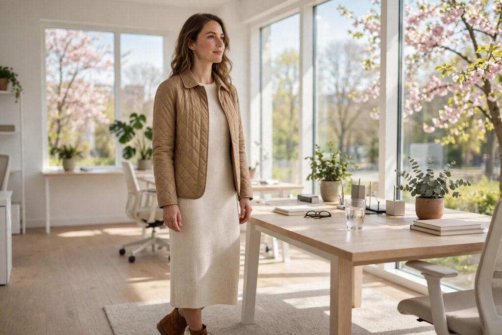 Woman in a tan quilted jacket over a cream knit midi dress with brown ankle boots