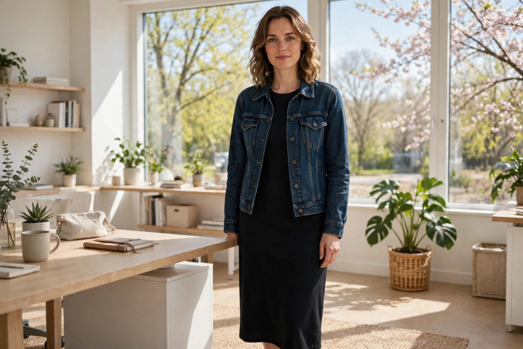 Woman in a dark denim jacket over a black midi dress