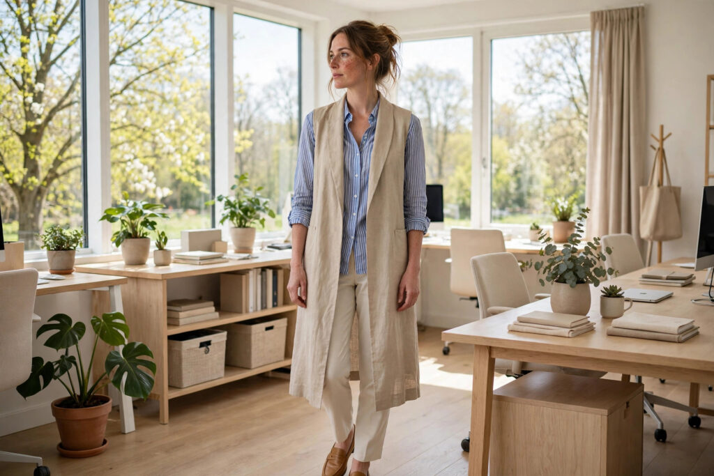 Woman in a long beige waistcoat over a striped shirt with cream trousers and tan loafers