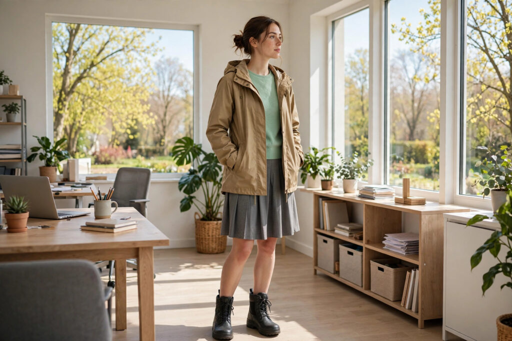 Woman in a tan rain jacket over a mint knit top and gray skirt with black boots