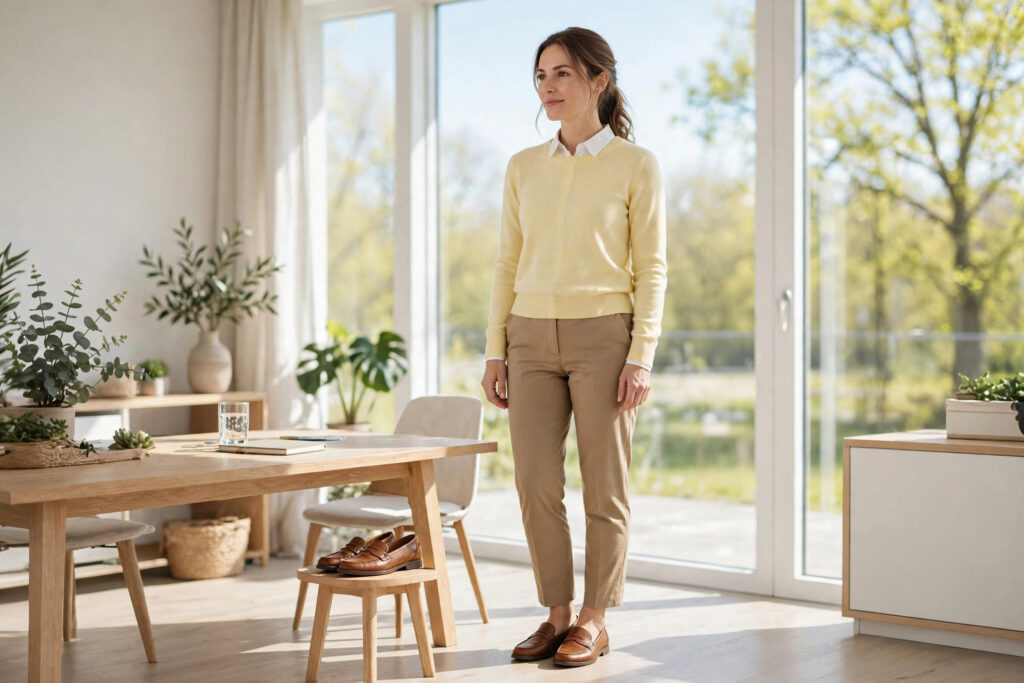Woman in a pale yellow sweater over a white collared blouse with tan trousers and brown loafers
