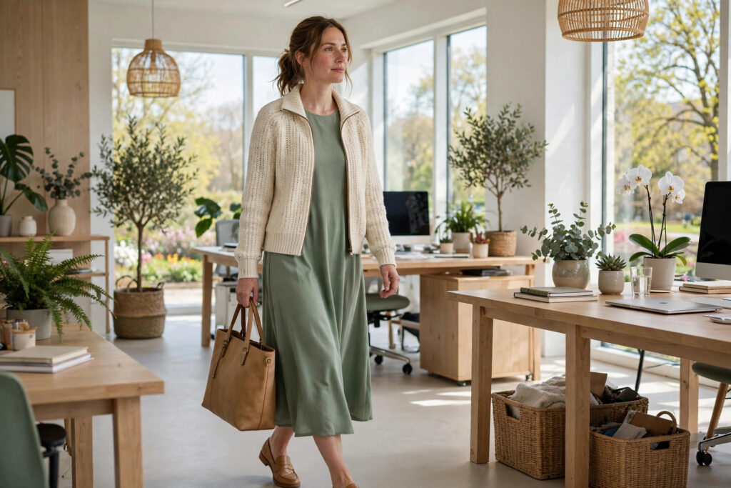 Woman in a cream zip knit jacket over a sage green midi dress with tan loafers and a tan tote
