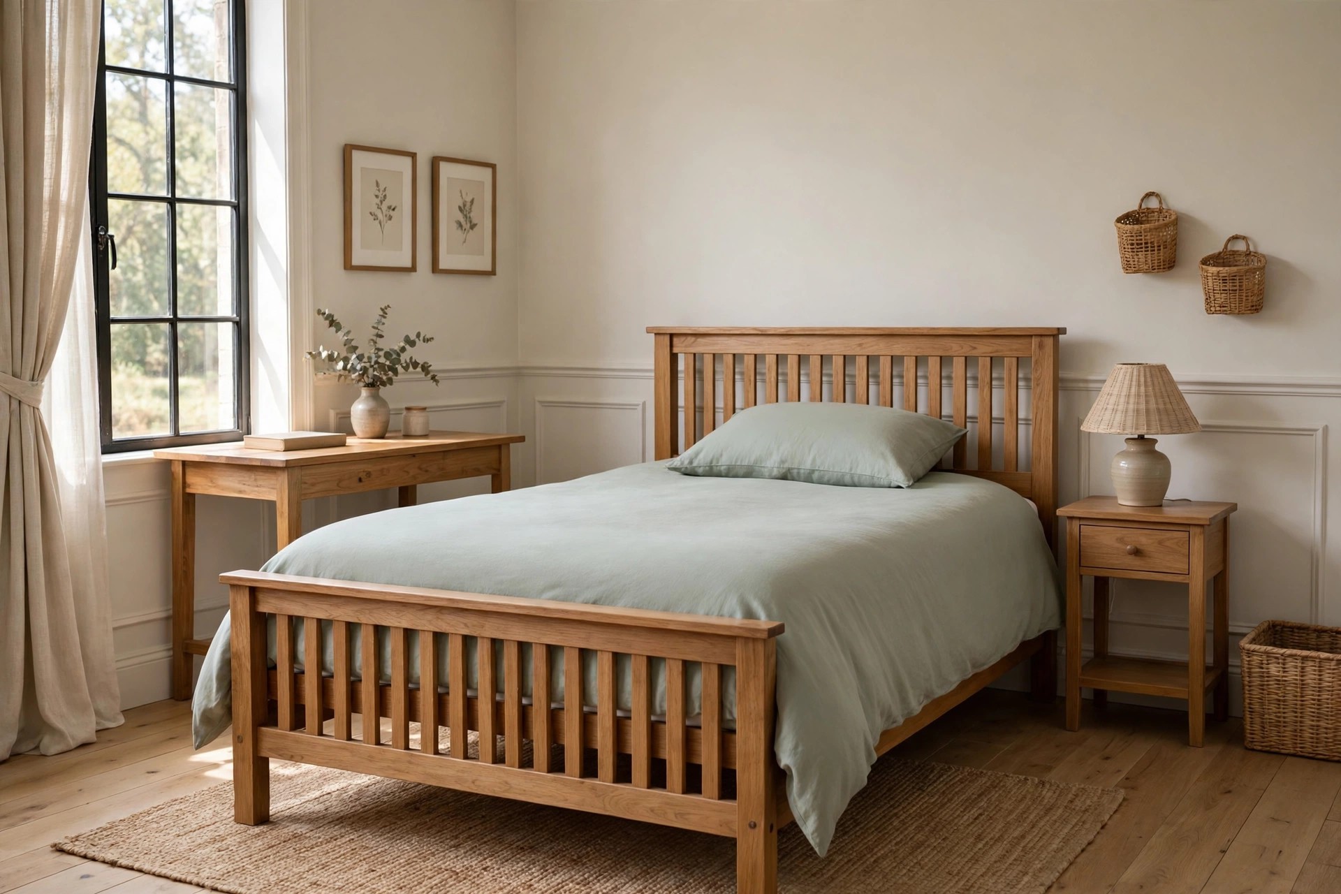 Wood bed frame kept the same with a new plain sage duvet cover set