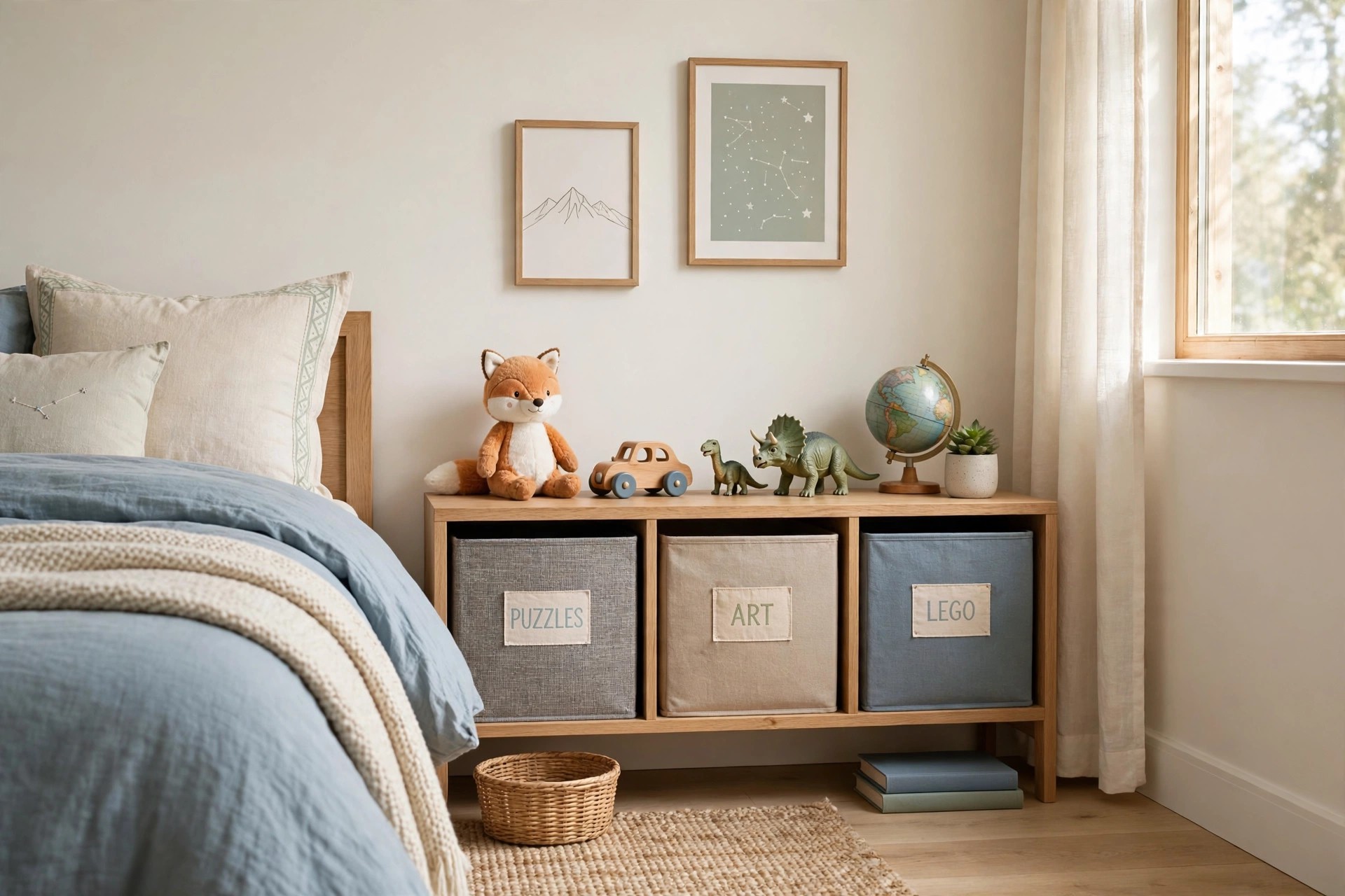 Low shelf with labeled closed bins and favorite toys displayed on top