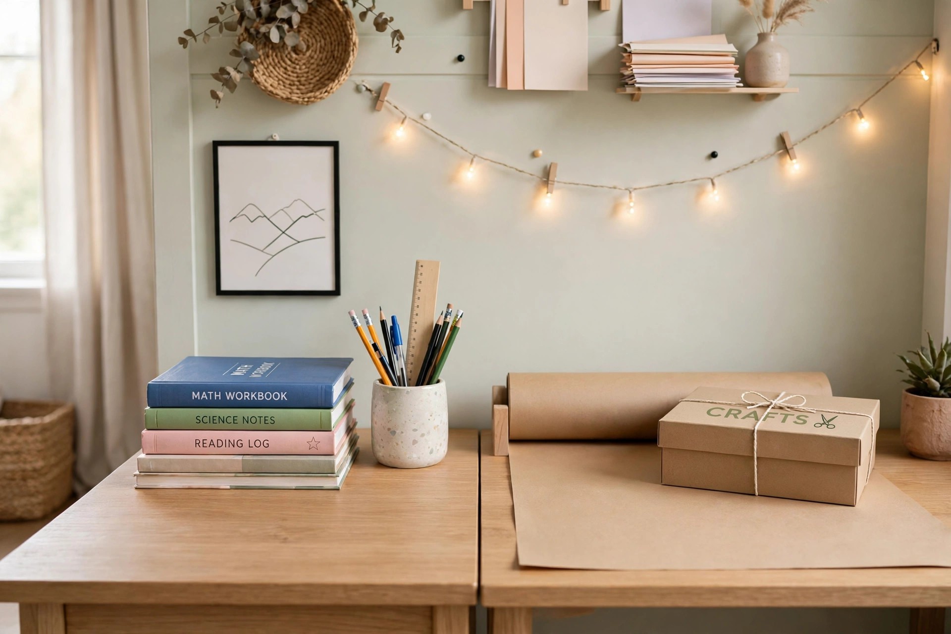 Desk split between homework books and a craft paper roll with a closed craft box
