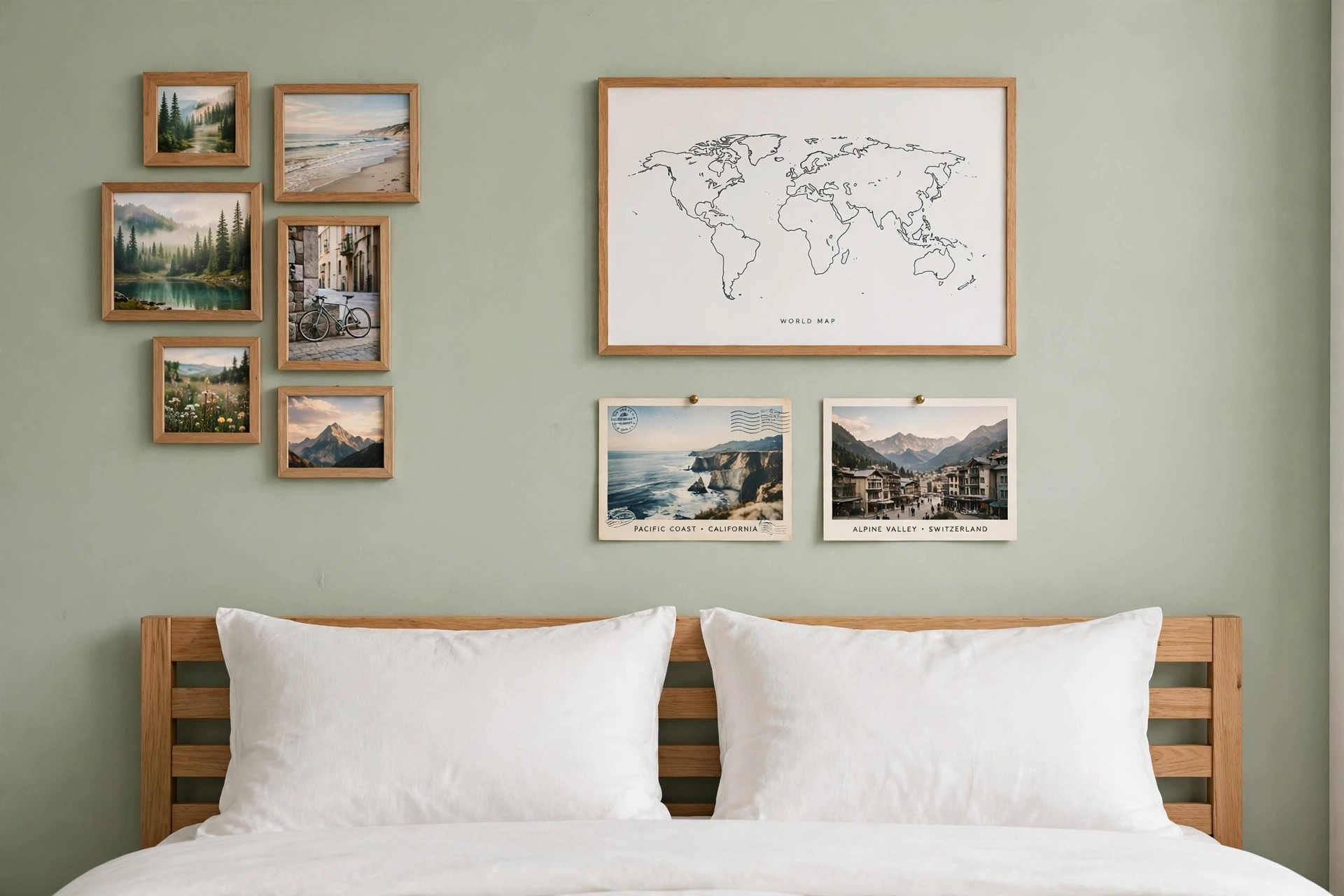 Framed photos, a world map print and two postcards in a gallery above a bed