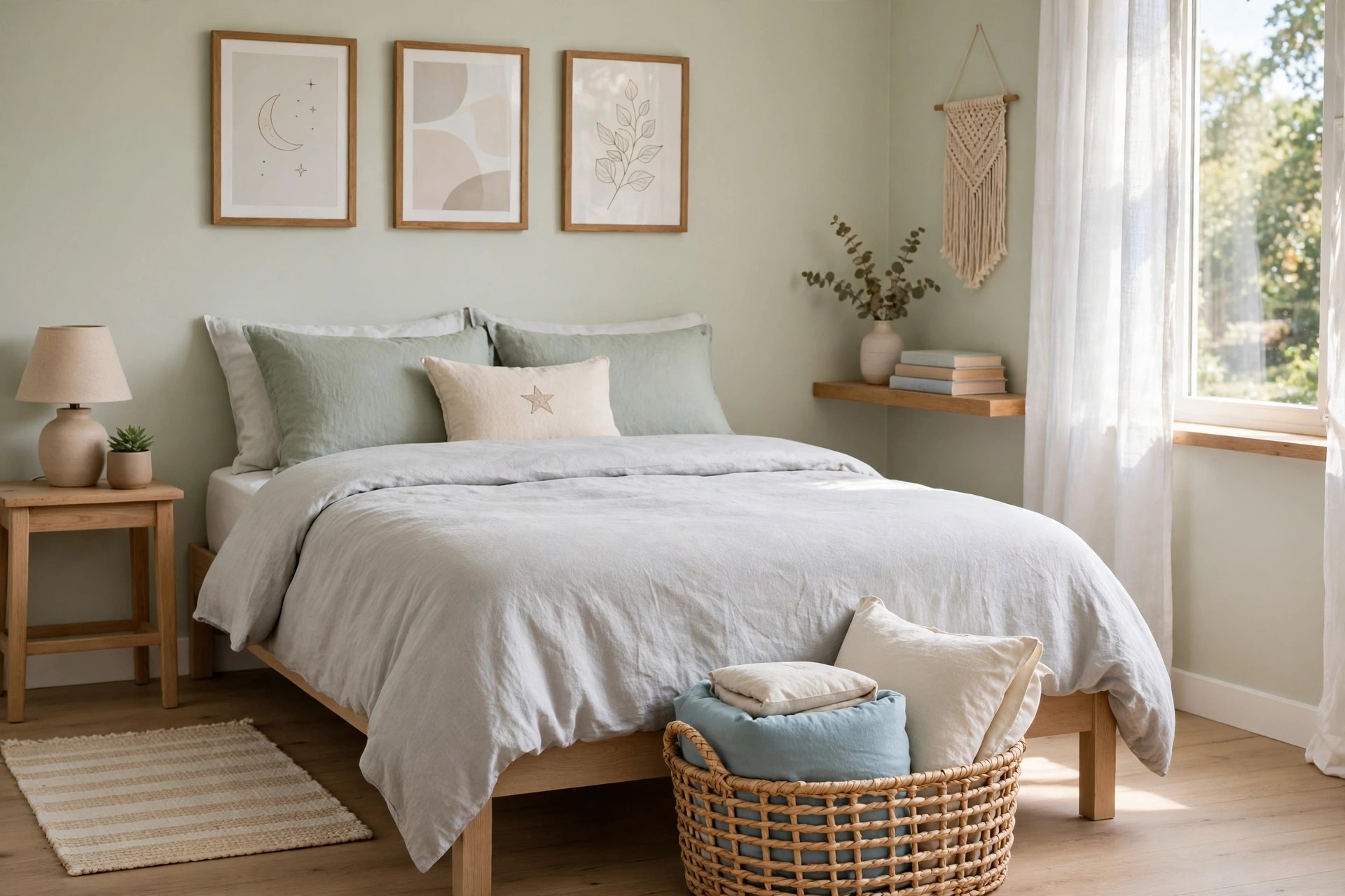 Wicker basket with a folded spare duvet and pillow at the foot of the bed