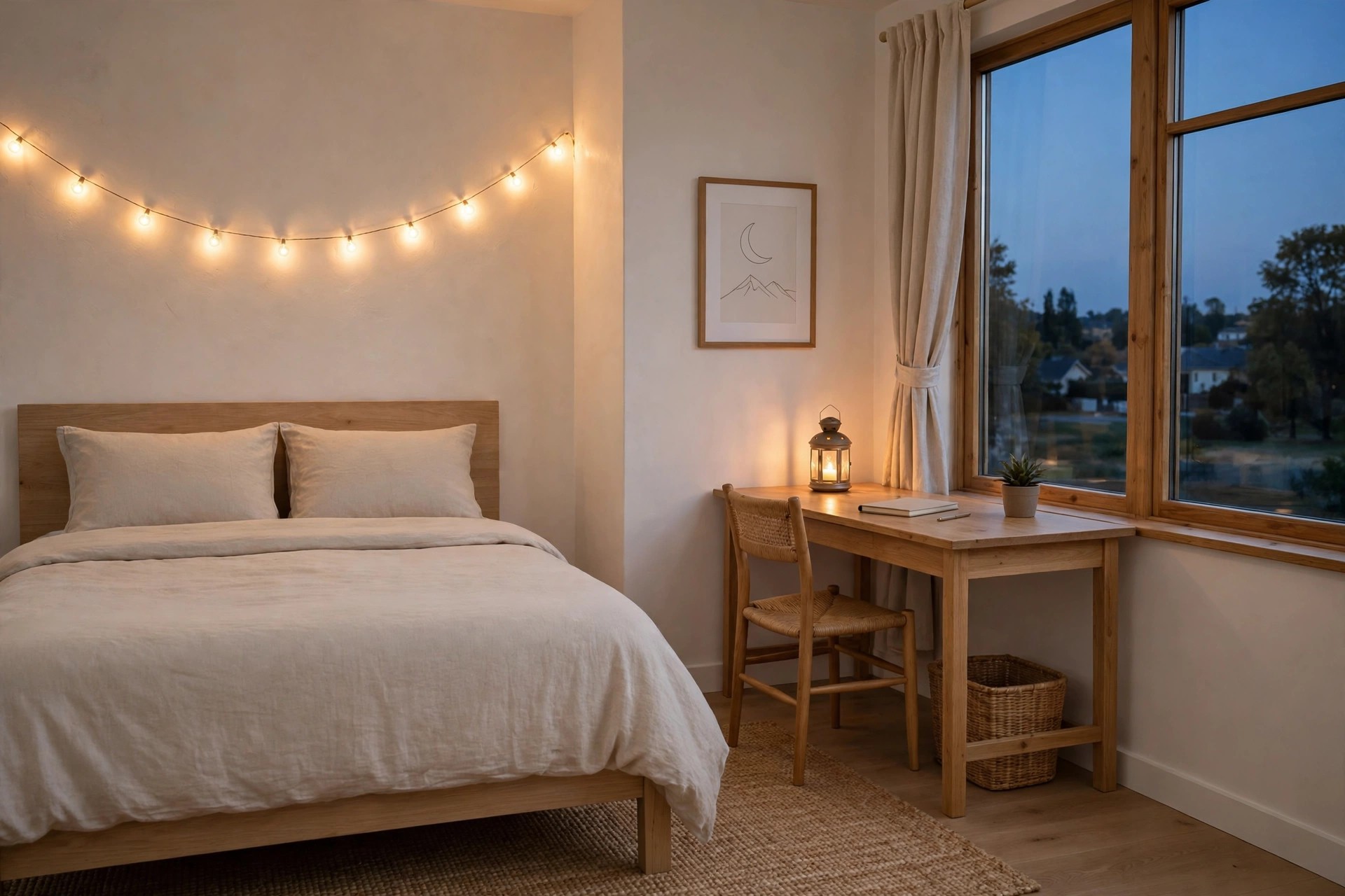 String lights glowing above a bed at dusk with a lantern on the desk