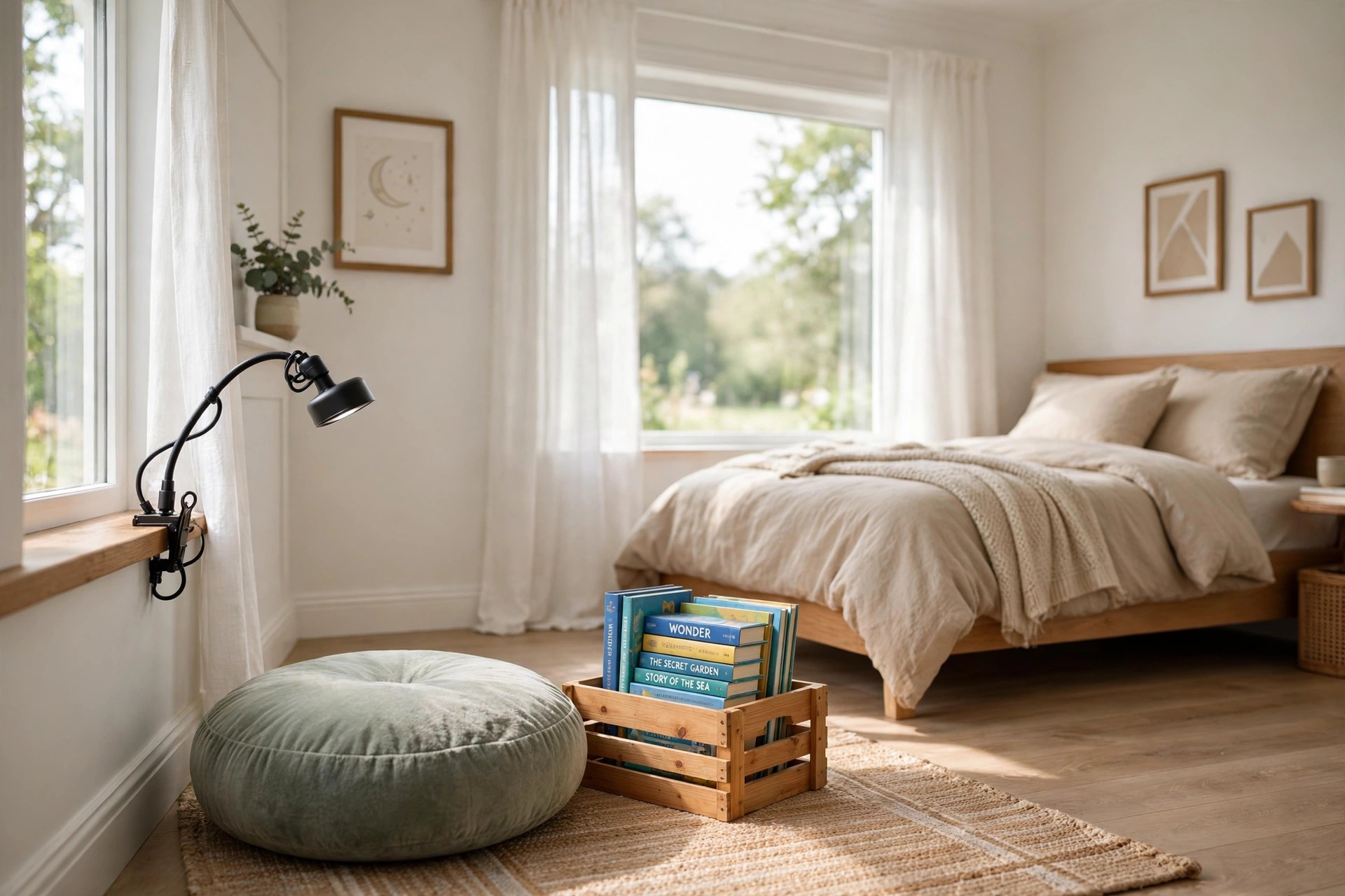 Reading corner with a round floor cushion, a crate of books and a clip on light