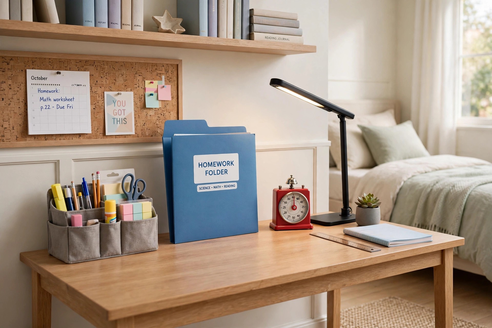 Homework desk with a labeled folder, supply caddy, red timer and task lamp