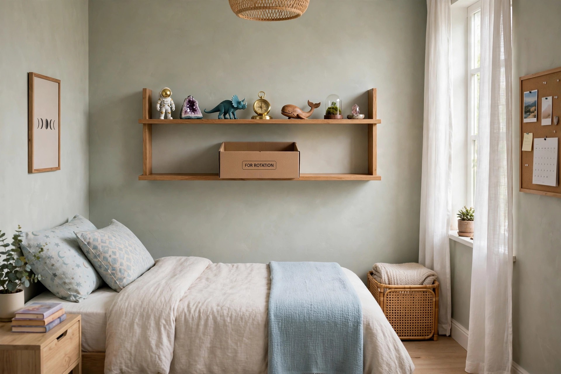 Display shelf with figures and stones in a row and a box labeled for rotation below