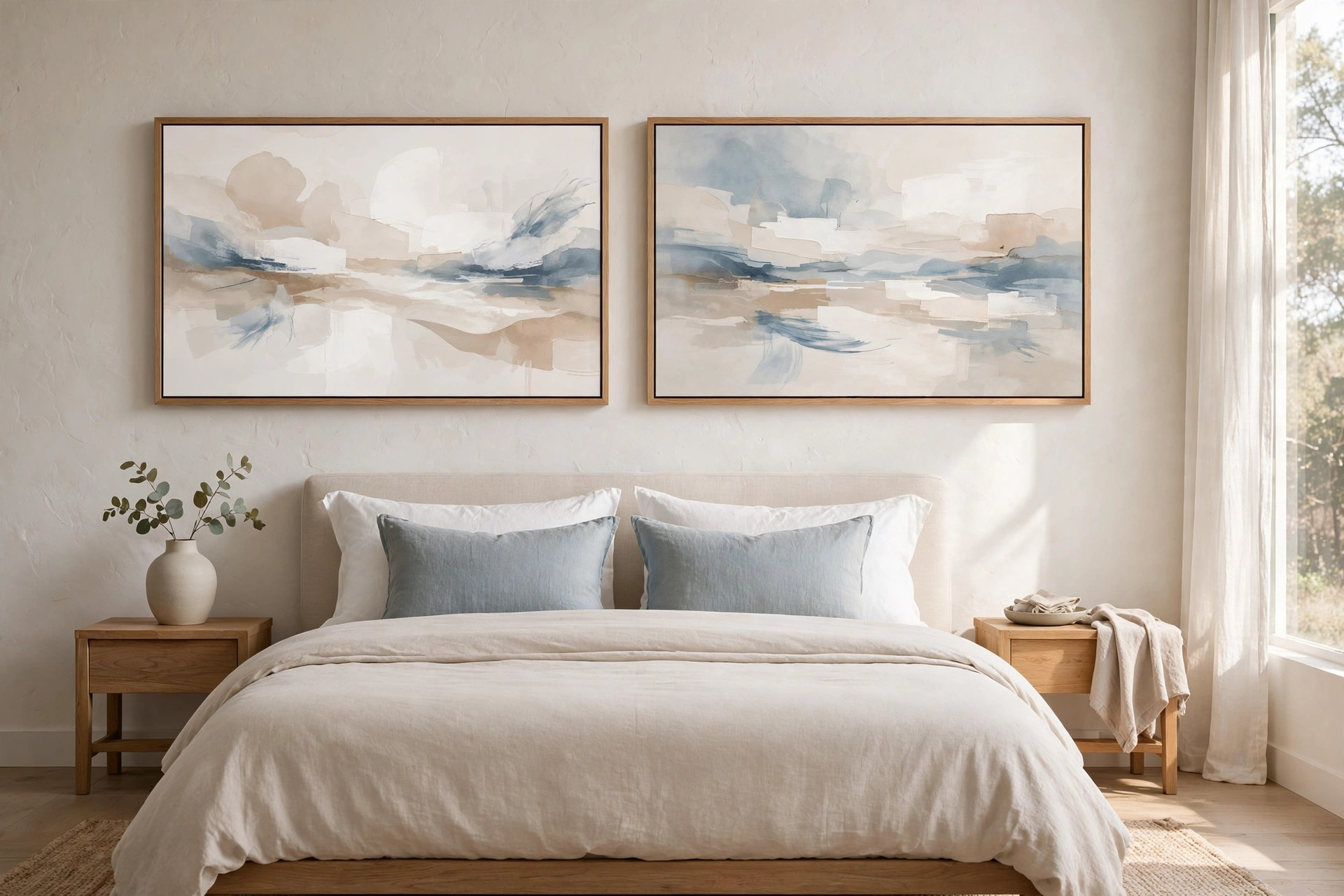 Two abstract canvases in beige, warm white and muted blue above a bed with blue pillows