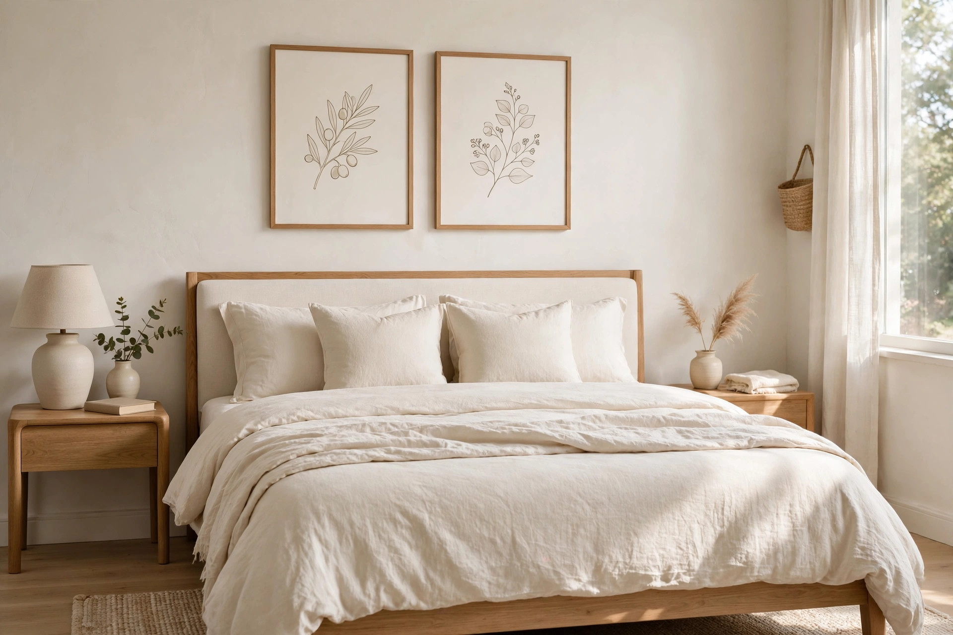 Two simple line botanical prints hung close together above a bed with cream bedding