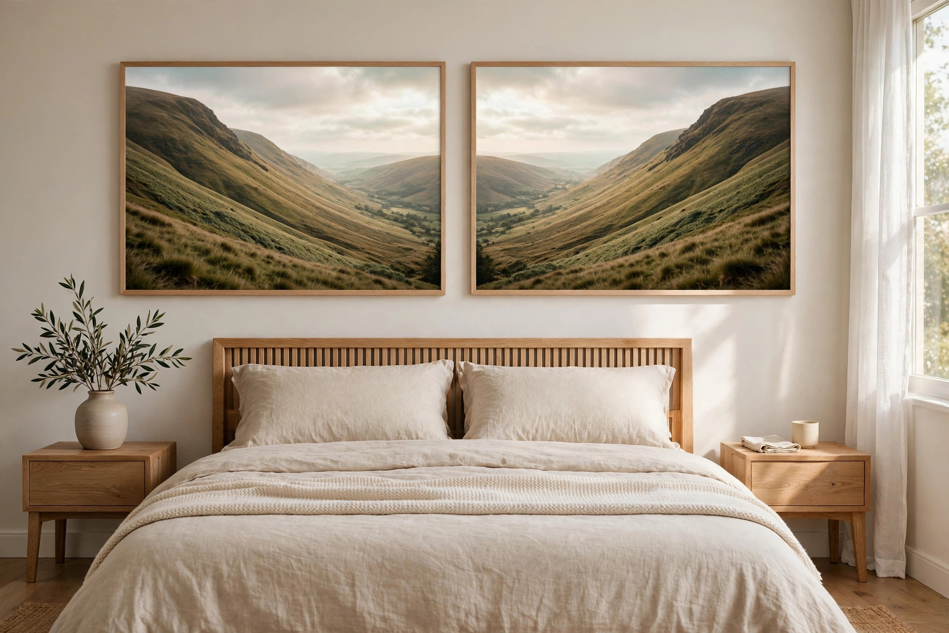 Two valley landscape prints facing each other above a wood headboard and cream bed