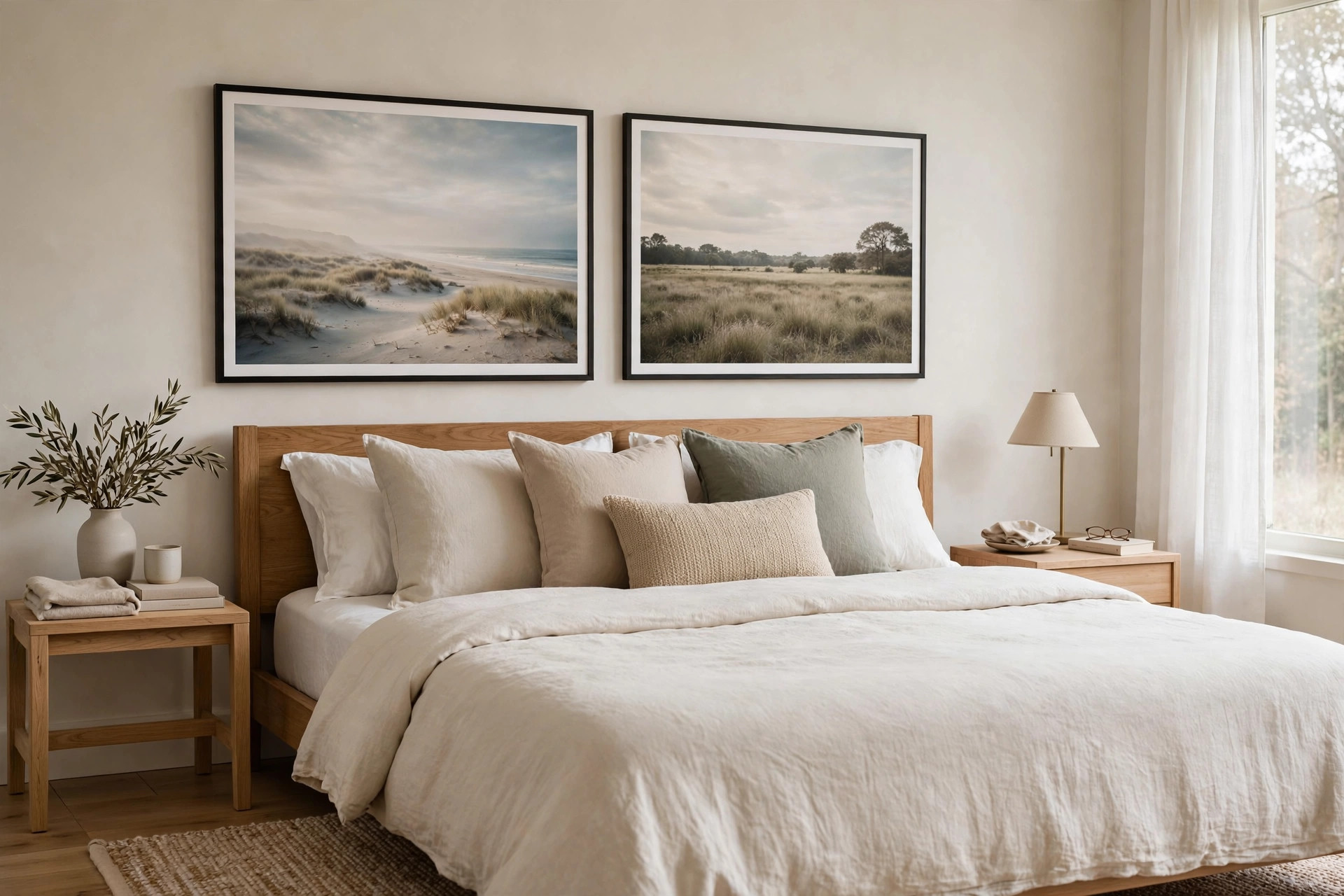 Two large coastal and field prints hung low above a low wood headboard with layered pillows