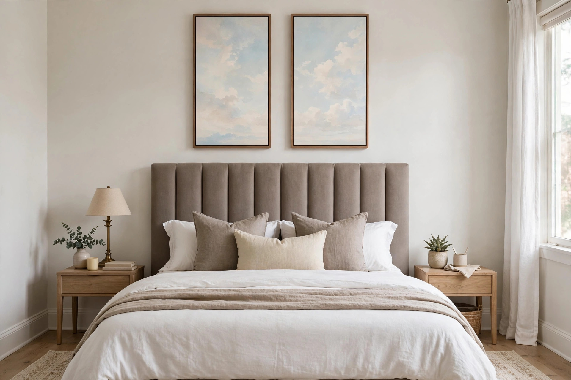 Two tall narrow sky panels above a tall taupe padded headboard